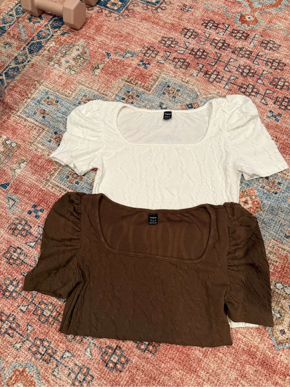 SHEIN Square Neck Puff Sleeve Top - White & Brown